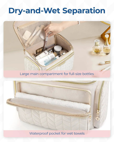 Puffy Nylon Travel Toiletry Bag With Wide Opening For Easy Access showcasing compartments for bottles and waterproof pocket for towels