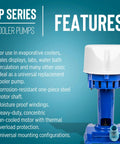 Built Tough 1/30 HP Evaporative Cooler Pump Delivers Smooth 563 GPH Flow For Swamp Cooling With A Fan Cooled Motor And Thermal Protection For No Sweat Everyday Use, displayed with features.