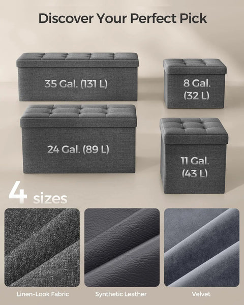 Various sizes of Mazie Folding Storage Ottoman Foot Rest Stool With Quick Foldaway Design, dark gray fabric options