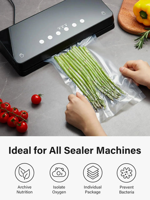 Hands using 11 Inch By 150 Foot Vacuum Sealer Bags Roll With Cutter Dispenser, BPA Free Commercial Grade Food Storage Bags for asparagus