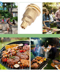 Solid Brass Propane Quick Connect Hose Fitting Adapter With One Quarter Inch Male Pipe Thread Converts QCC1 Type 1 Nut To POL Female Heavy Duty Gas Hose Adapter For Grills And Heaters No-Wrench Installation image with grilling scenes.