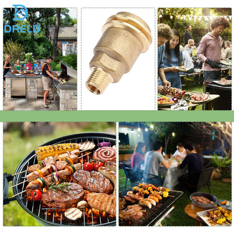 Solid Brass Propane Quick Connect Hose Fitting Adapter With One Quarter Inch Male Pipe Thread Converts QCC1 Type 1 Nut To POL Female Heavy Duty Gas Hose Adapter For Grills And Heaters No-Wrench Installation image with grilling scenes.