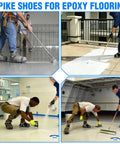 Workers wearing epoxy floor spiked shoes for garage, using tools on wet floors for even epoxy application; gray shoes with 3/4-inch spikes.