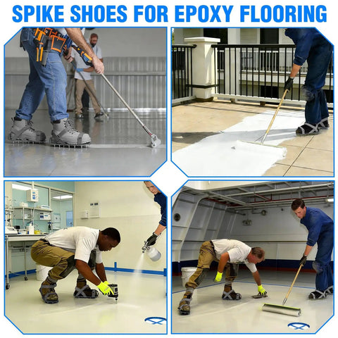 Workers wearing epoxy floor spiked shoes for garage, using tools on wet floors for even epoxy application; gray shoes with 3/4-inch spikes.
