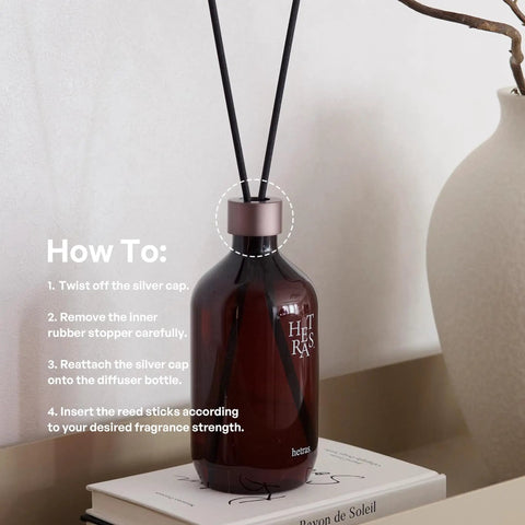 Hotel Wood Scent Reed Diffuser With Sticks 16.9 Fl Oz 500 Ml Large Home Fragrance bottle with instruction text, on table