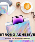 Metallic Holographic Bubble Mailers Set Of Fifty In Three Size Options With Waterproof Self Seal Adhesive, phone inserted