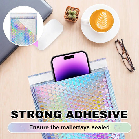 Metallic Holographic Bubble Mailers Set Of Fifty In Three Size Options With Waterproof Self Seal Adhesive, phone inserted
