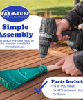 Heavy Duty 8 Inch Garden Rake With A 48 Inch Hardwood Handle being assembled with a drill by a person on wooden surface
