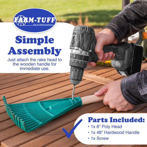 Heavy Duty 8 Inch Garden Rake With A 48 Inch Hardwood Handle being assembled with a drill by a person on wooden surface