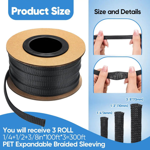 Super Durable PET Braided Wire Loom Expandable Cable Sleeve 300 Feet In One Quarter One Half And Three Eighths Inch roll