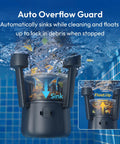 Make Pool Cleanup A Breeze With This V5 Skimmer Robot For In-Ground And Above-Ground Pools, shown sinking and floating in water.