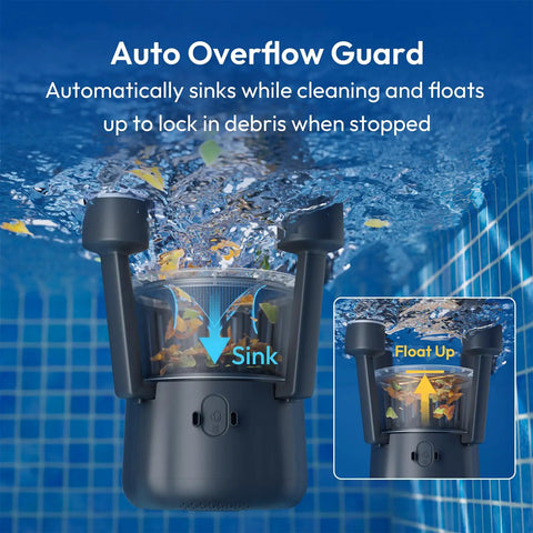 Make Pool Cleanup A Breeze With This V5 Skimmer Robot For In-Ground And Above-Ground Pools, shown sinking and floating in water.