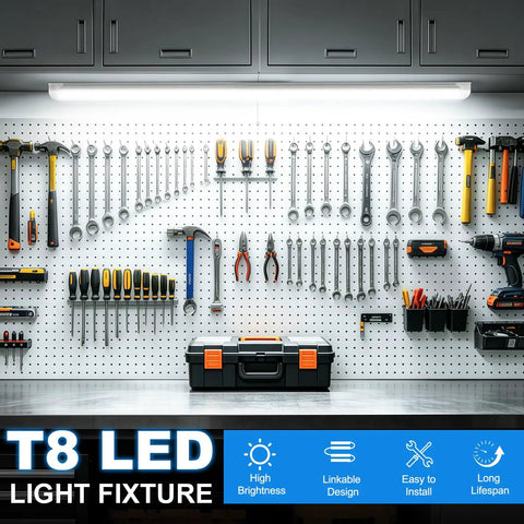 Bright 2 Foot LED Shop Light 22W 3300 Lumens 5000K Daylight V Shape Linkable Ceiling Tube Fixture over workbench with tools