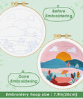 Punch Needle Kit For Adults And Beginners, DIY Landscape Embroidery Set showing before and after embroidery design in 7.9-inch hoop