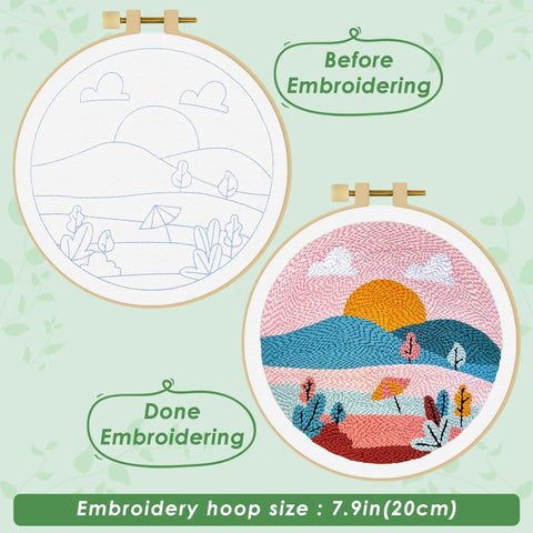Punch Needle Kit For Adults And Beginners, DIY Landscape Embroidery Set showing before and after embroidery design in 7.9-inch hoop