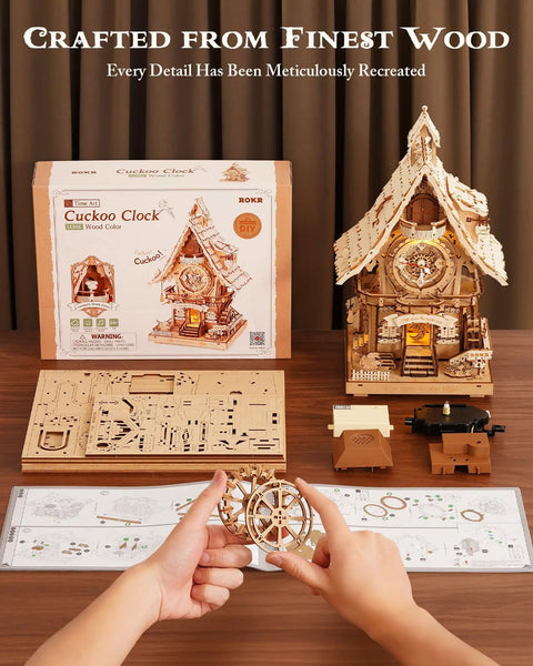 3D Wooden Cuckoo Clock Puzzle Kit For Adults And Teens 435 Piece Model With Wing Flapping Singing Cuckoo On The Hour And Precise Clock Mechanism, assembled parts and box