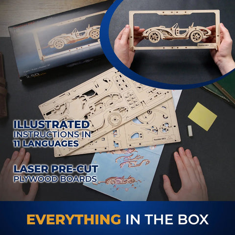 Hands holding frame and parts of Roadster 2.5D Wooden Puzzle Kit With Movable Parts Frame For Wall Display And Hands On Adult Build