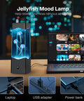 Jellyfish Lamp Mood Night Light For Desk And Room Decor showing 3 colorful floating jellyfish, USB power options visible.