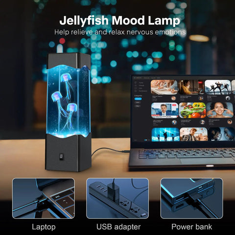 Jellyfish Lamp Mood Night Light For Desk And Room Decor showing 3 colorful floating jellyfish, USB power options visible.