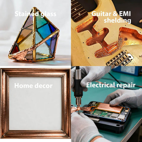 Pro Grade Copper Foil Tape With Double Sided Conductive Adhesive used in stained glass, guitar shielding, home decor, and electrical repair.