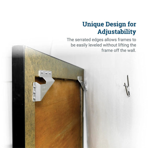Boss Level Picture Hangers For Drywall And Plaster, Heavy Duty Self Leveling Brackets mounted on a picture frame for easy adjustability.