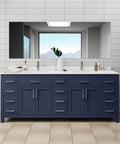 Slick 84 Inch Double Bathroom Vanity In Dark Blue With White Cultured Marble Countertop And Undermount Square Sinks Finished With Brushed Nickel Trim