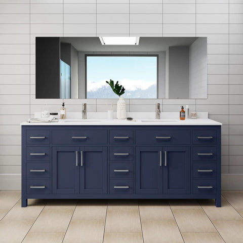 Slick 84 Inch Double Bathroom Vanity In Dark Blue With White Cultured Marble Countertop And Undermount Square Sinks Finished With Brushed Nickel Trim