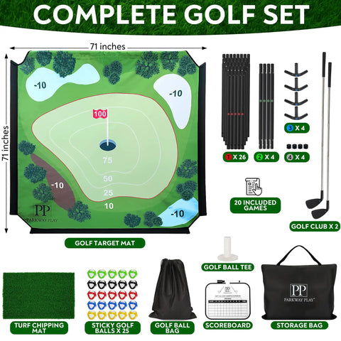 Sticky Golf Chipping Game Set With 6x6 Foot Metal Frame for Backyard Hangout and Indoor Outdoor Practice, showing components