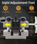 Heavy Duty Iron Sight Pusher Tool For Slick Micro Tweaks On Dovetail Slots With Secure Side Clamps And Smooth Steel Drive Screw, view of tuning handle and adjustment marks.