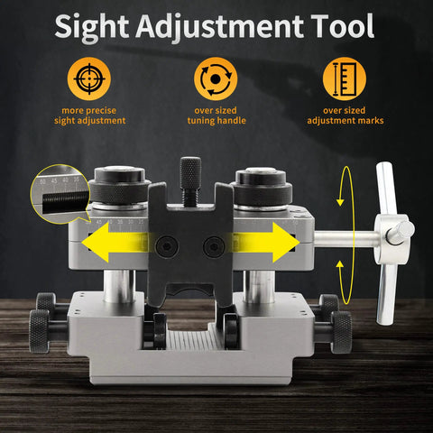 Heavy Duty Iron Sight Pusher Tool For Slick Micro Tweaks On Dovetail Slots With Secure Side Clamps And Smooth Steel Drive Screw, view of tuning handle and adjustment marks.