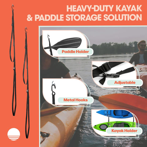 Double Kayak Rack for Wall or Ceiling Mounts with Adjustable Straps and Metal Hooks for Hanging Paddles and Kayaks