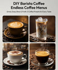 DIY Barista Coffee Menus featuring various coffee drinks on tables with coffee beans, highlighting diverse styles and flavors.