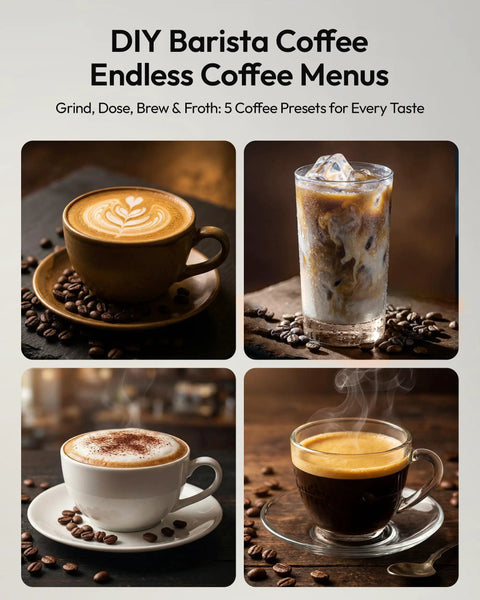 DIY Barista Coffee Menus featuring various coffee drinks on tables with coffee beans, highlighting diverse styles and flavors.
