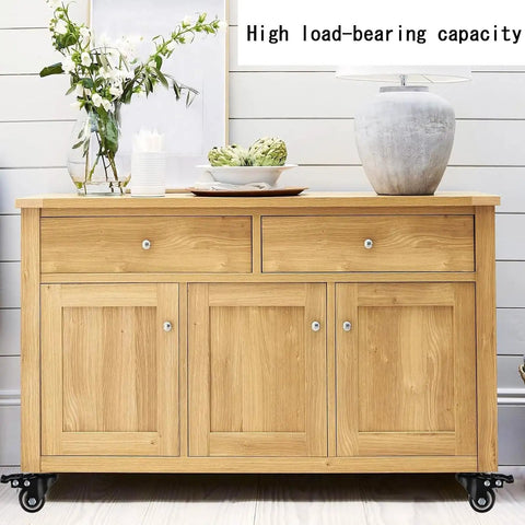 Heavy Duty 2 Inch Swivel Caster Wheels With Dual Lock Brakes on a wooden sideboard, supporting high load capacity and smooth movement.