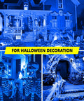 Halloween decor with skeletons and cobwebs lit by Two Pack Blue LED A19 Bulbs 9W 120V E26 Dimmable Replaces 100W For Christmas Holiday Home Lighting