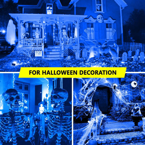 Halloween decor with skeletons and cobwebs lit by Two Pack Blue LED A19 Bulbs 9W 120V E26 Dimmable Replaces 100W For Christmas Holiday Home Lighting