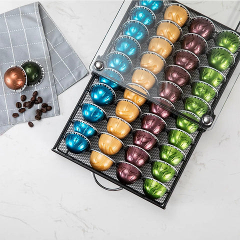 Vertuo Capsule Holder Drawer For Nespresso With Glass Top And Cabinet Storage Rack, displaying 40 colorful pods in four columns