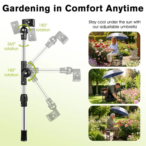 Adjustable umbrella for Garden Kneeler And Chair With Umbrella, 2-In-1 Foldable Garden Stool With Adjustable Bracket in use outdoors