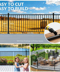 Top Shelf Heavy Duty Modular Aluminum Deck Railing Kit Four Pack 42 Inch Guardrail Height 8 Foot Sections Ibc Irc Astm Compliant Wobble Free Easy Setup For Porches And Stairs displayed on a deck with measurements.