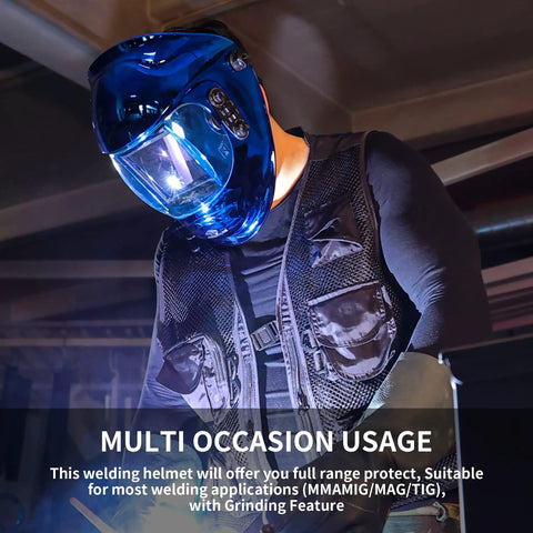 Person wearing Auto Darkening Welding Helmet With Solar Power And Large Viewing Area for TIG MIG ARC Grinding in workshop.