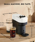 Vertuo Pop Plus Coffee And Espresso Maker With Milk Frother in Coconut White by Breville on countertop with two beverages