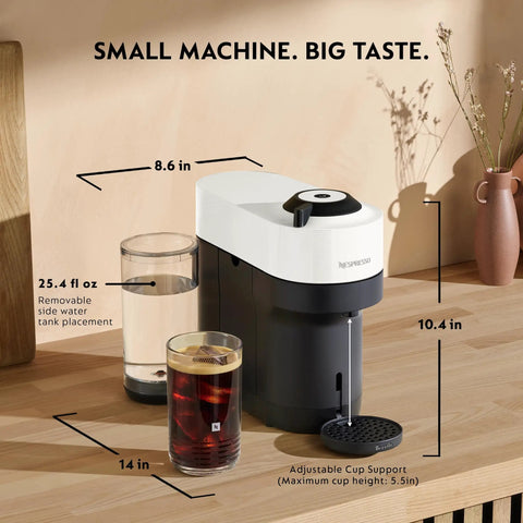 Vertuo Pop Plus Coffee And Espresso Maker With Milk Frother in Coconut White by Breville on countertop with two beverages