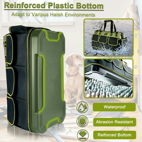 Heavy Duty 17 Inch Tool Bag With Waterproof Molded Base Large Capacity Wide Mouth Tote side view and durability features