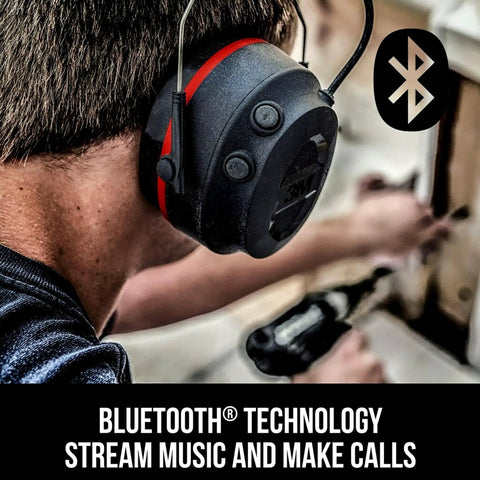 Person wearing Gel Cushions Bluetooth Hearing Muffs With Active Mic 26 dB NRR For Serious Noise Protection High Fidelity Speakers