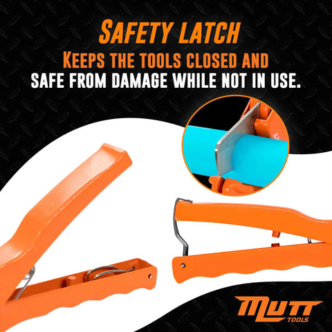 Heavy Duty PEX And Pipe Cutter For Plumbing, Cuts PEX One Eighth To One Inch with ergonomic safety latch shown in orange.