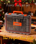 Impact Drill Bit Set 112 Piece With One Fourth Inch Hex Shank in storage case on workbench