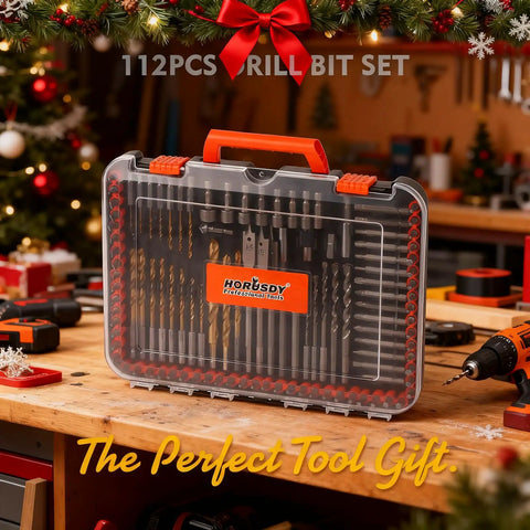 Impact Drill Bit Set 112 Piece With One Fourth Inch Hex Shank in storage case on workbench