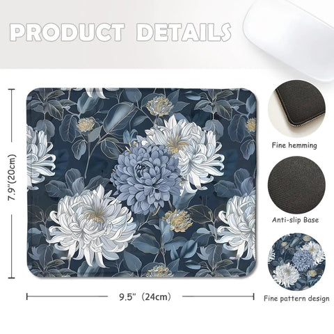 Blue And White Floral Mouse Pad With Gold Chrysanthemum Accent, Luxury Desk Mat For Home Office, 9.5 By 7.9 Inches