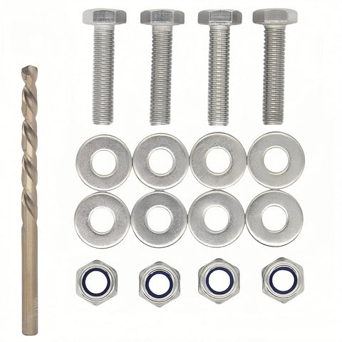 Installation set for Doel Fin Hydrofoil Stabilizer For Outboard Motors And Stern Drives Boosts Stability, Reduces Cavitation, Improves Fuel Economy In Rough Waters, Compatible With Yamaha, Mercury, Honda, Suzuki, And Tohatsu Engines with bolts, washers, nuts, and drill bit displayed