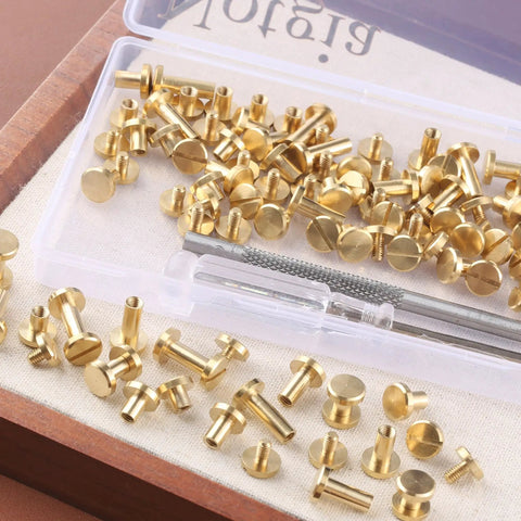 Hella Tough Solid Brass Chicago Screws And Leather Rivet Studs Kit Featuring Slick Plated Finish And 8mm Heads in storage box.
